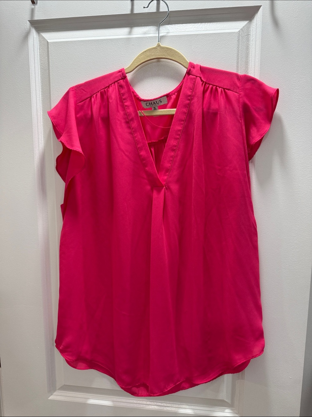 Chaus Hot Pink V-Neck Flutter Sleeve Blouse